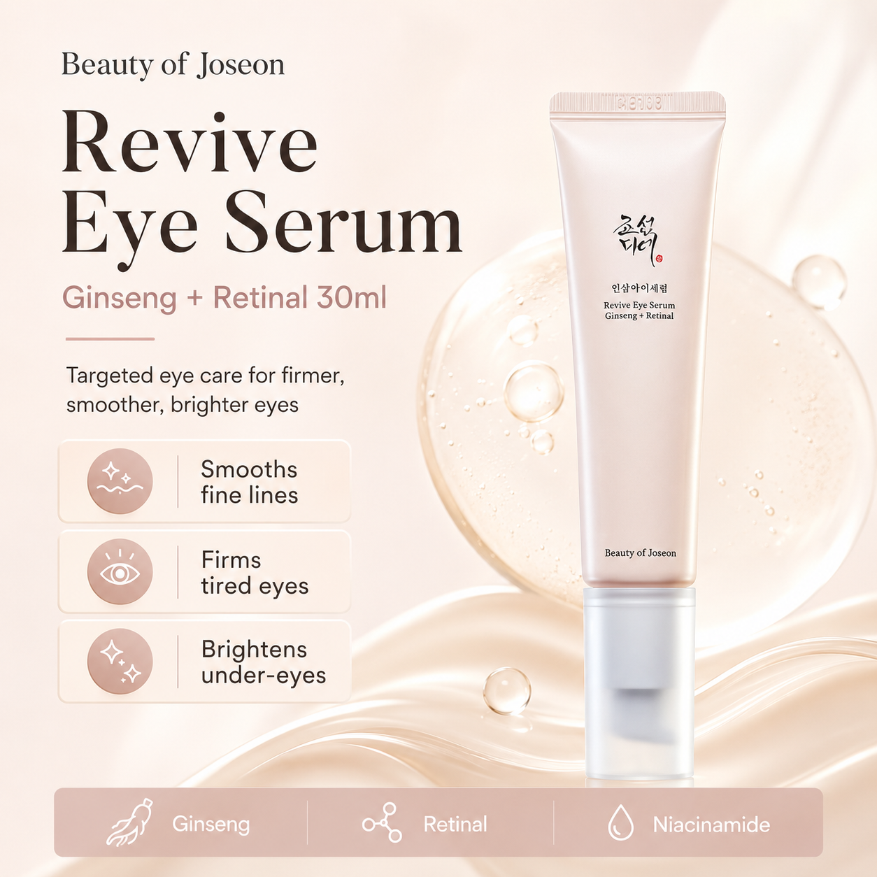 Beauty of Joseon Revive Eye Serum in a 30ml squeeze tube, set against a soft beige background with liquid wave graphics and text detailing its ginseng and retinal benefits.