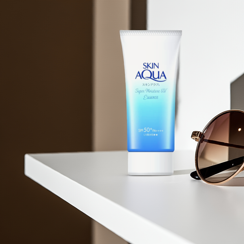 Rohto Mentholatum Skin Aqua Super Moisture UV Essence SPF 50 on a shelf. 