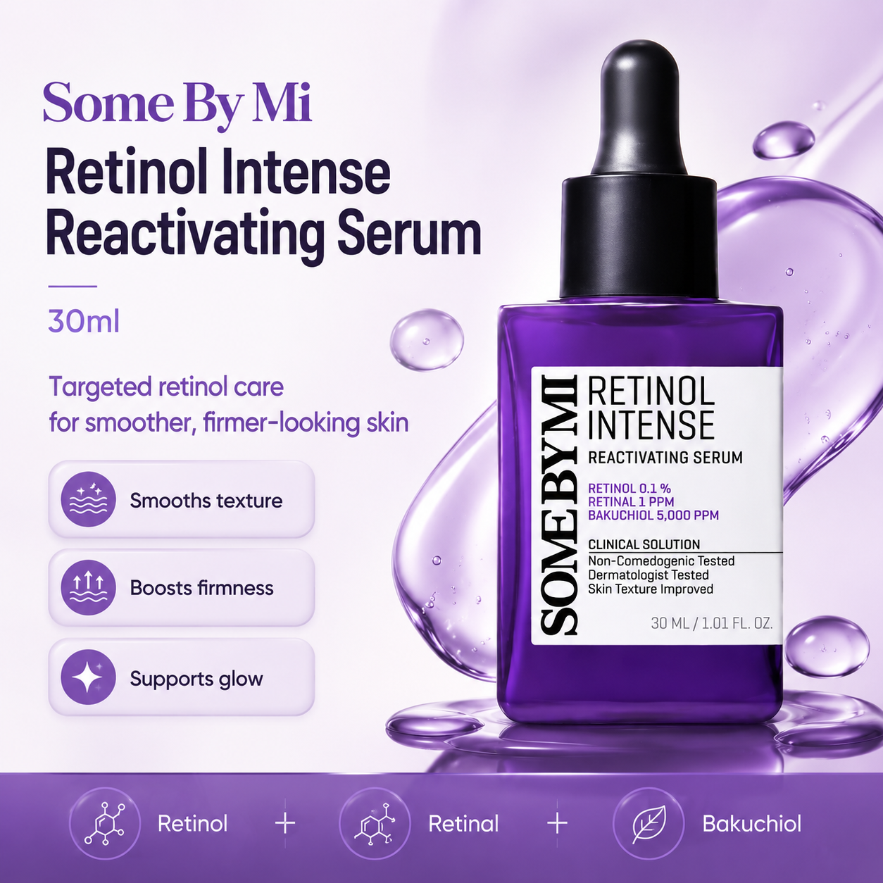 Some By Mi Retinol Intense Reactivating Serum in a purple glass dropper bottle with a black cap, shown on a light purple background with text and skincare benefits.