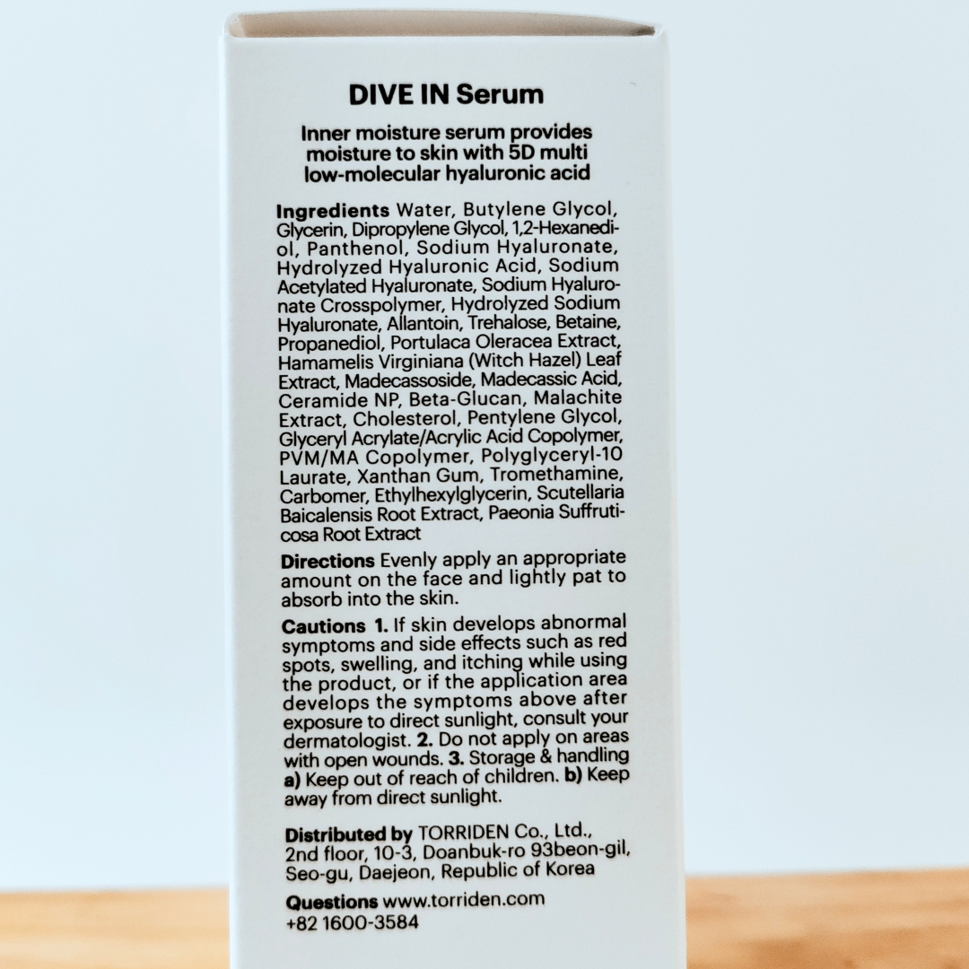 Torriden DIVE-IN Low Molecule Hyaluronic Acid Serum 50ml packaging instructions