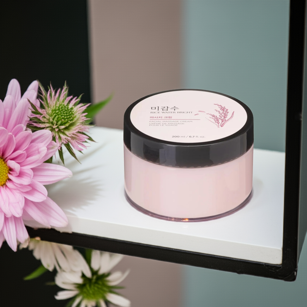 The Face Shop Rice Water Bright Facial Massage Cream 200ml on a shelf