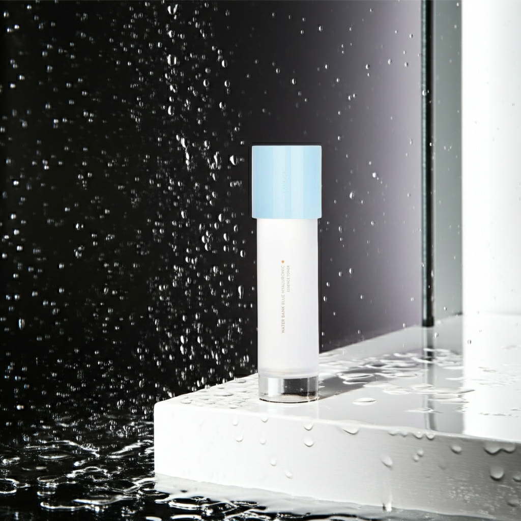 Laneige Water Bank Blue Hyaluronic Essence Toner 160ml - Normal to Dry Skin on a shelf.