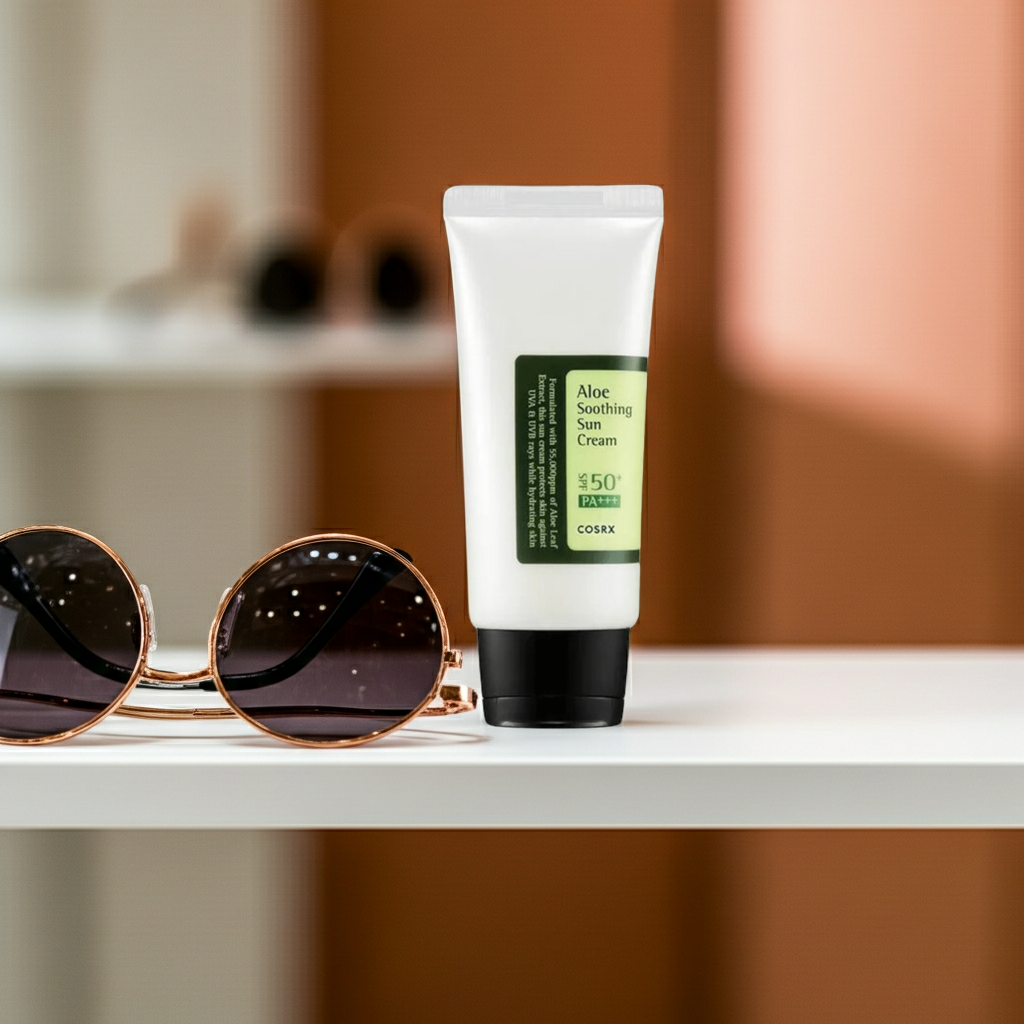 COSRX Aloe Soothing Sun Cream SPA50+ PA+++ 50ml on a shelf. 