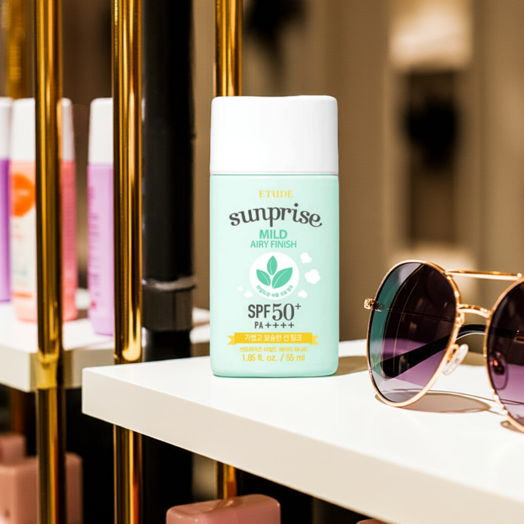 Etude Sunprise Mild Airy Sunscreen SPF50+ PA++++ on a shelf.