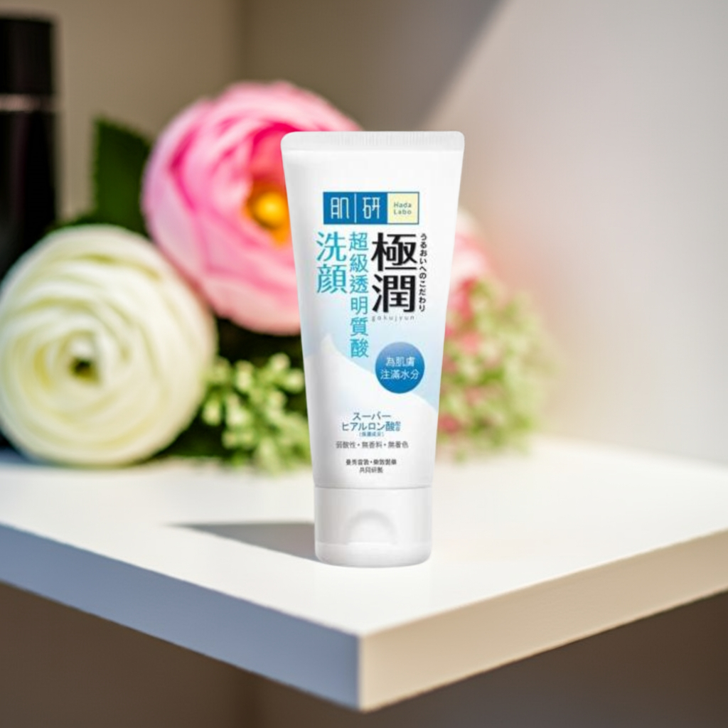Hada Labo Gokujyun Super Hyaluronic Face Wash 100g on a shelf