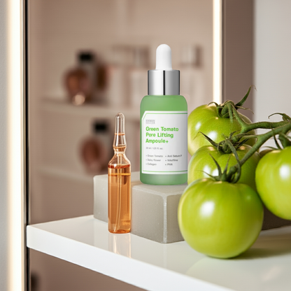SUNGBOON EDITOR Green Tomato Pore Lifting Ampoule+ 30ml on a shelf.